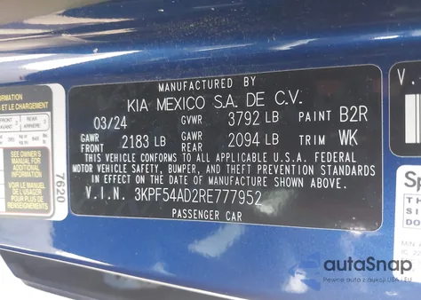 2024 Kia Forte Gt-Line z USA, uszkodzony, nr VIN 3KPF54AD2RE777952